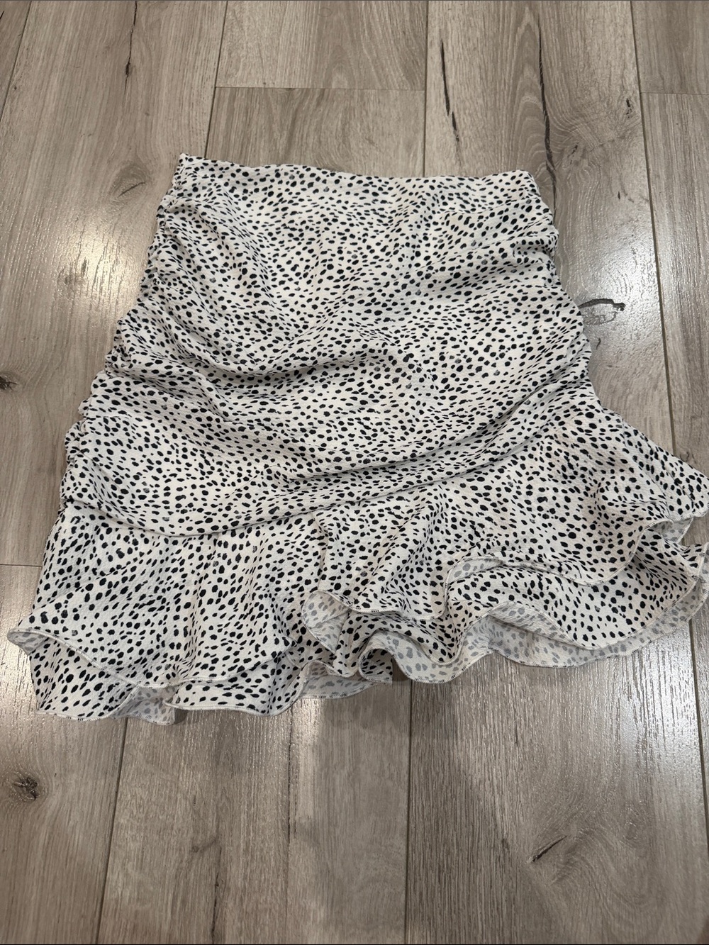 Women’s Ruffled Mini Skirt in White with Black Dot Print